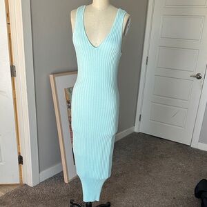 Sleeveless Ribbed Knit Dress in Light Aqua Blue